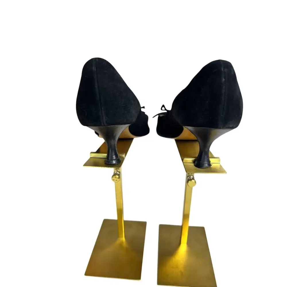 Vintage Manolo Blahnik Black Suede Bow Pumps Pointed Toe Kitten Heels 35.5